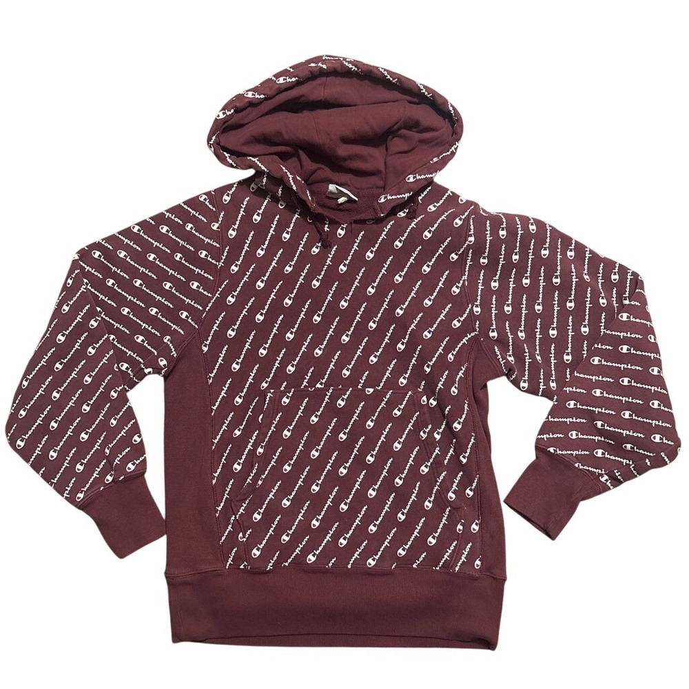 Champion Reverse Weave All Over Logo Hoodie Small Burgundy AOP Streetwear
